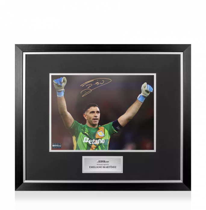 icons Emiliano Martinez Signed Aston Villa Photo In Premium Photo Frame: UEFA Champions League Celebration