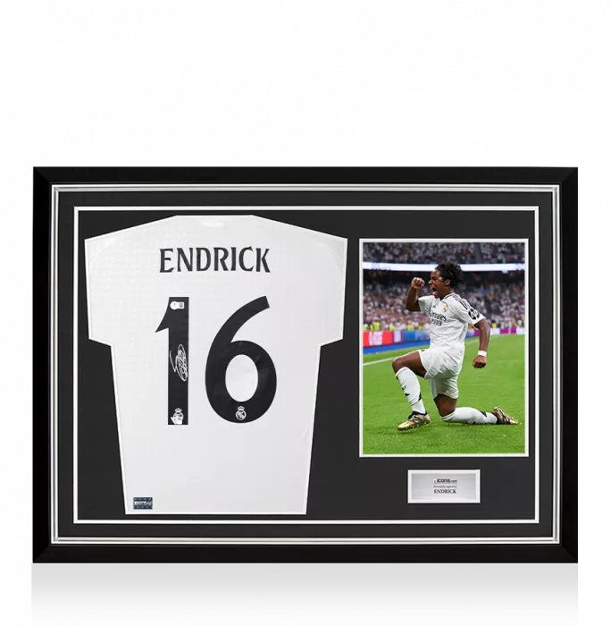 icons Endrick Back Signed Real Madrid CF 2024-25 Home Shirt In Hero Frame: Option 1