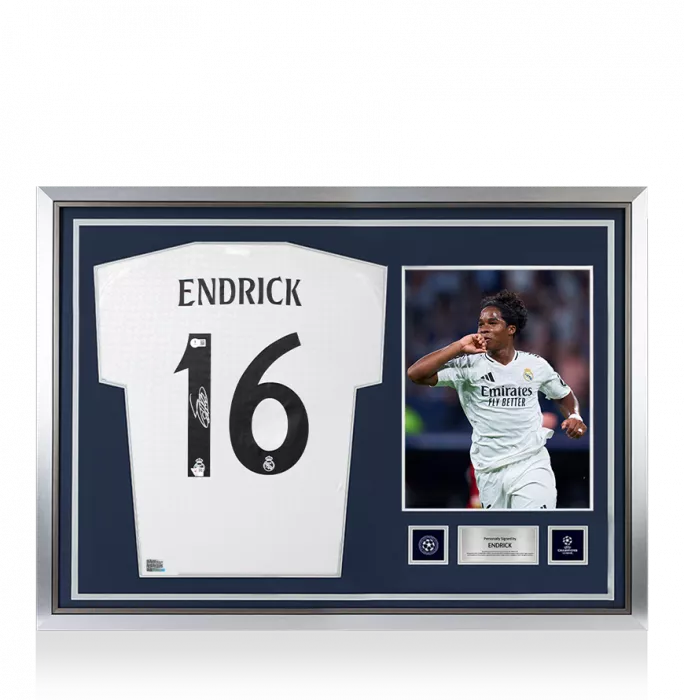 Icons Endrick Official UEFA Champions League Back Signed And Hero Framed Real Madrid CF 2024-25 Home Shirt