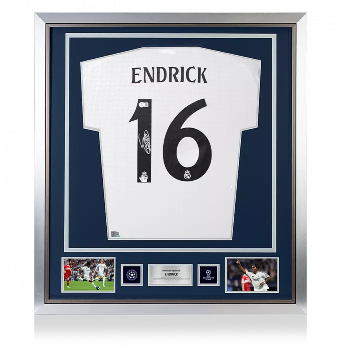 Icons Endrick Official UEFA Champions League Back Signed And Framed Real Madrid CF 2024-25 Home Shirt