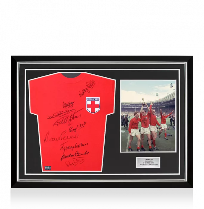 Icons England 1966 St George Cross Shirt- Signed By 9 In Hero Frame: Option 1
