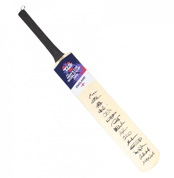 icons England Team Signed 2021 ICC World Twenty20 Cricket Bat