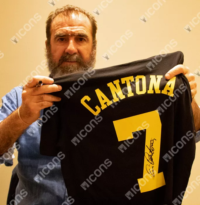 Icons Eric Cantona Back Signed Black Kung-Fu Kick Style Shirt In Hero Frame: Option 2