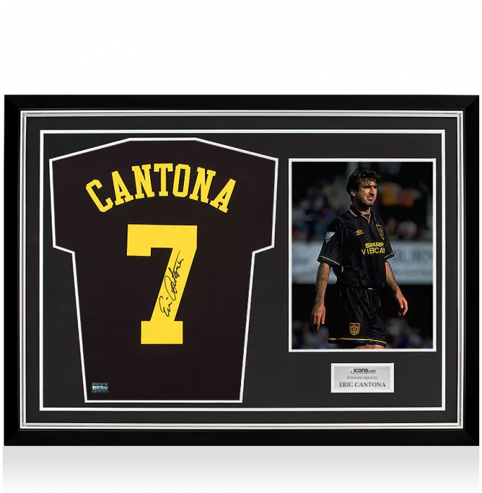icons Eric Cantona Back Signed Black Kung-Fu Kick Style Shirt In Hero Frame: Option 1