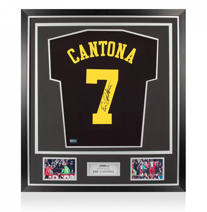 icons Eric Cantona Back Signed Black Kung-Fu Kick Style Shirt In Classic Frame