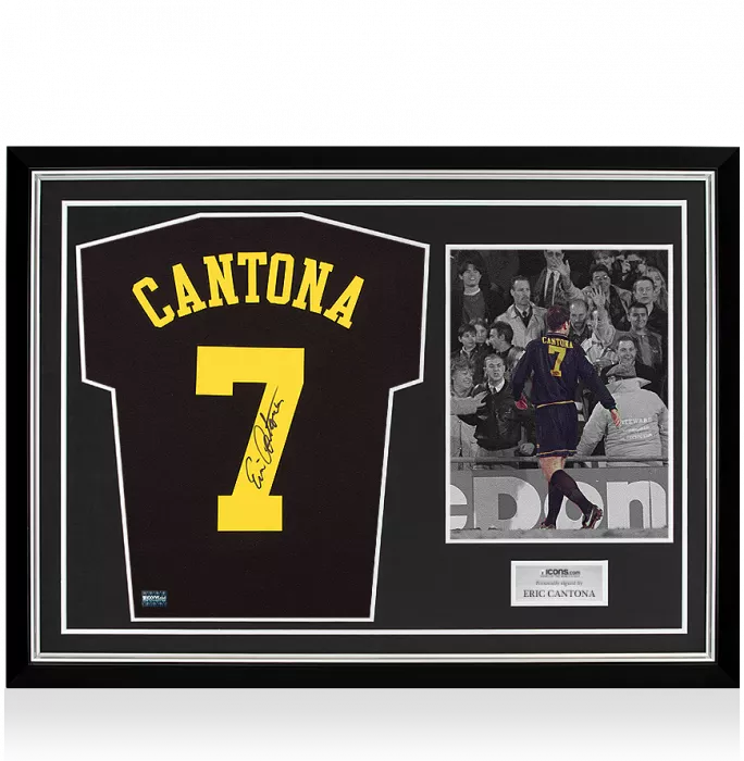icons Eric Cantona Back Signed Black Kung-Fu Kick Style Shirt In Hero Frame: Option 2