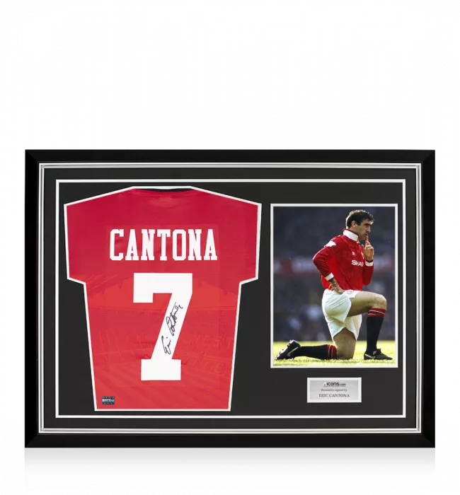 icons Eric Cantona Back Signed Manchester United 1994-96 Home Shirt In Hero Frame: Option 1