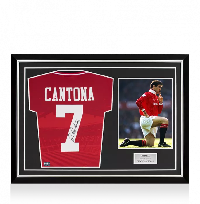Icons Eric Cantona Back Signed Manchester United 1994-96 Home Shirt With Fan Style Numbers Home Shirt In Hero Frame: Option 1