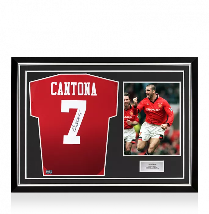 icons Eric Cantona Back Signed Manchester United 2024-25 Home Shirt with Fan Style Number In Hero Frame: Option 1