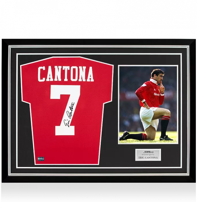 icons Eric Cantona Back Signed Manchester United Home Shirt In Hero Frame: Option 1