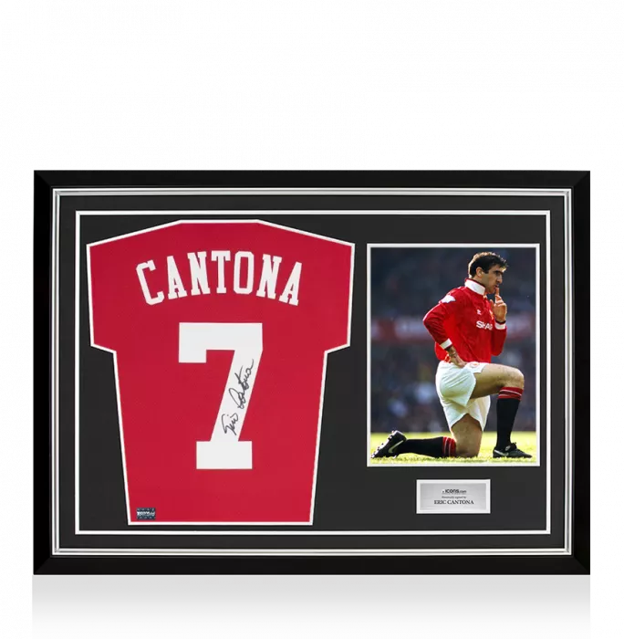 icons Eric Cantona Back Signed Modern Manchester United Home Shirt In Hero Frame: Option 1