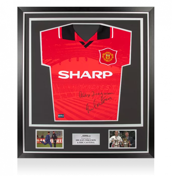 icons Eric Cantona Dual Front Signed Manchester United 1996 Home Shirt with Sir Alex Ferguson In Classic Frame