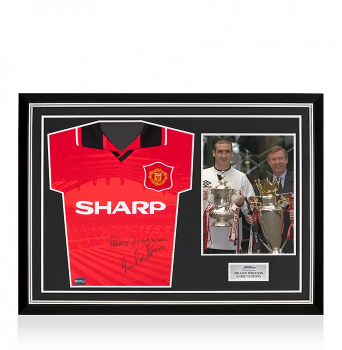 icons Eric Cantona Dual Front Signed Manchester United 1996 Home Shirt with Sir Alex Ferguson In Hero Frame: Option 1