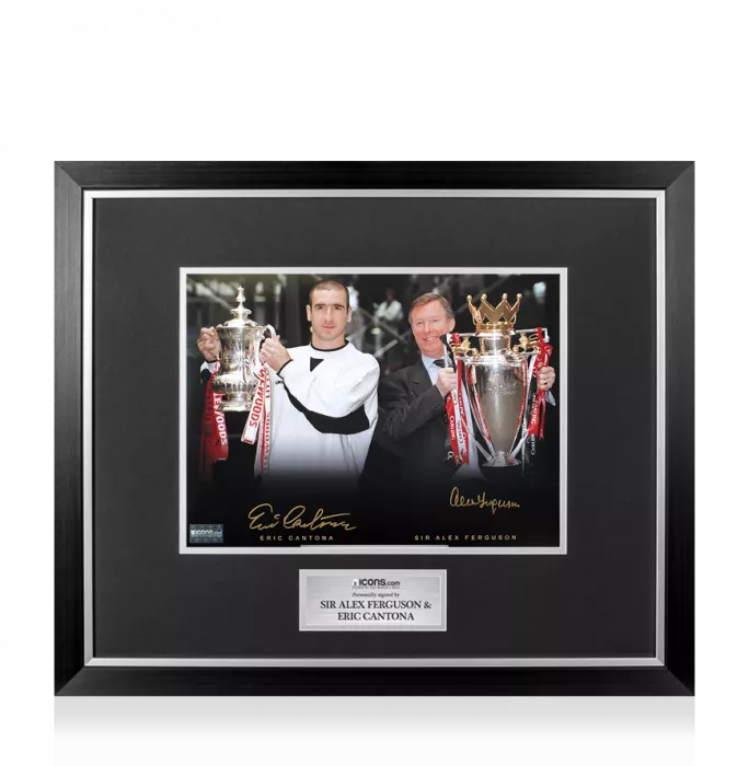 icons Eric Cantona Dual Signed Photo 1996 Double Season with Sir Alex Ferguson In Premium Photo Frame