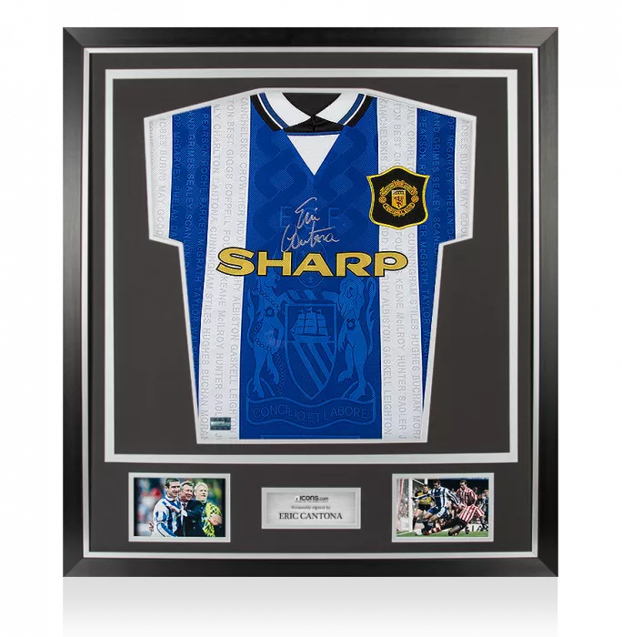 icons Eric Cantona Front Signed Manchester United 1994-96 Away Shirt In Silver In Classic Frame
