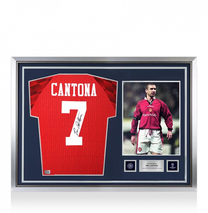 icons Eric Cantona Official UEFA Champions League Back Signed and Hero Framed Manchester United 1996-98 Home Shirt