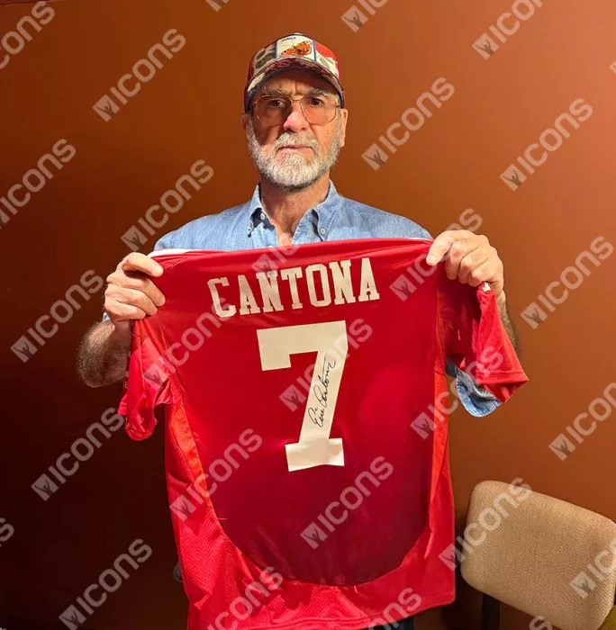 Icons Eric Cantona Official UEFA Champions League Back Signed And Framed Manchester United 2024-25 Home Shirt With Fan Style Number