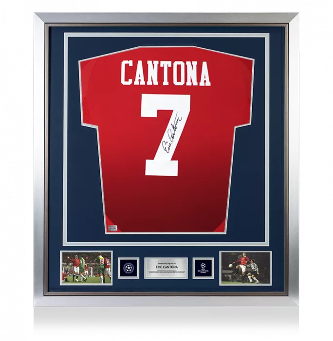 icons Eric Cantona Official UEFA Champions League Back Signed and Framed Manchester United 2024-25 Home Shirt with Fan Style Number
