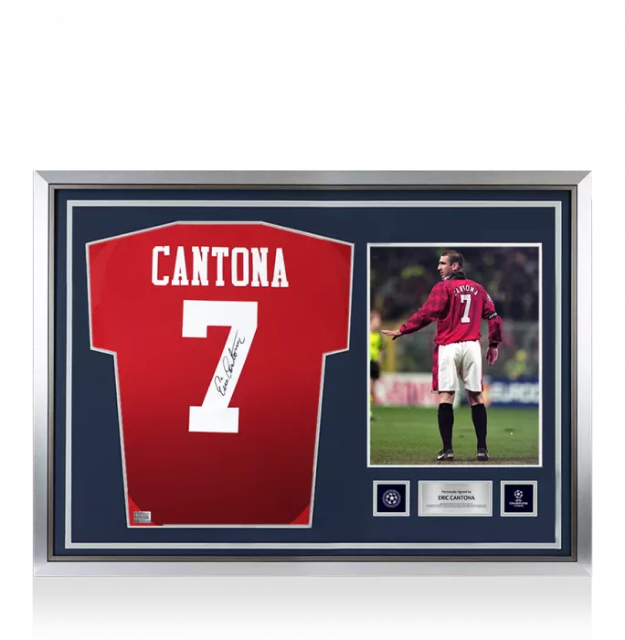 icons Eric Cantona Official UEFA Champions League Back Signed and Hero Framed Manchester United 2024-25 Home Shirt with Fan Style Number