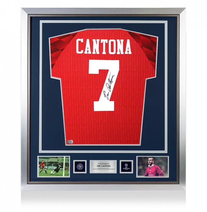icons Eric Cantona Official UEFA Champions League Back Signed and Framed Manchester United 1996-98 Home Shirt