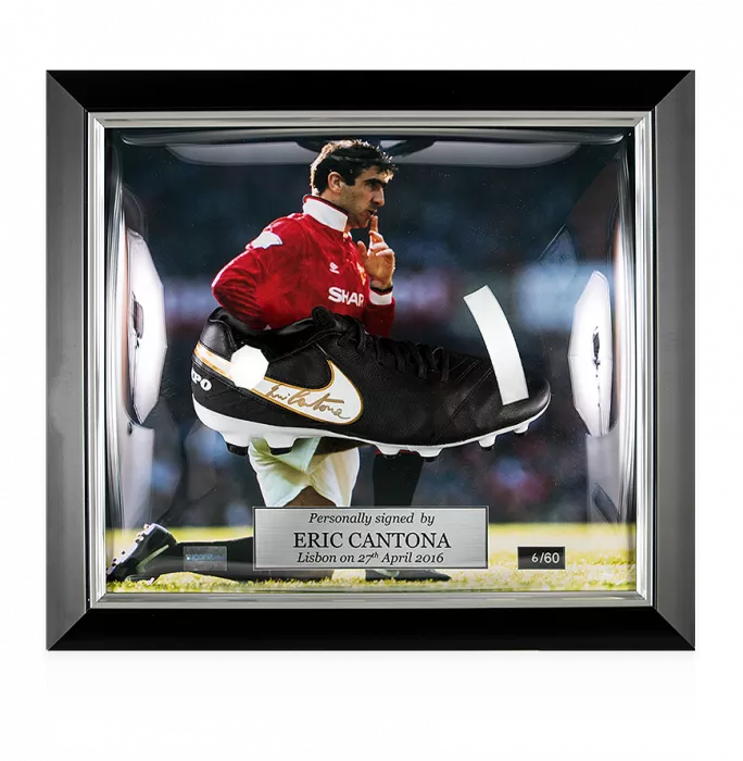 icons Eric Cantona Signed and Manchester United Framed Black Nike Tiempo Boot
