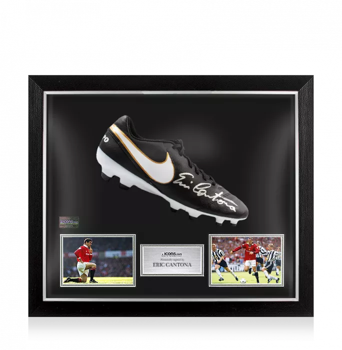 icons Eric Cantona Signed Black Nike Tiempo Boot In Bubble Frame: Option 1