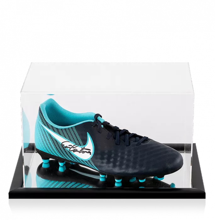 icons Eric Cantona Signed Blue and Black Nike Boot In Acrylic Case