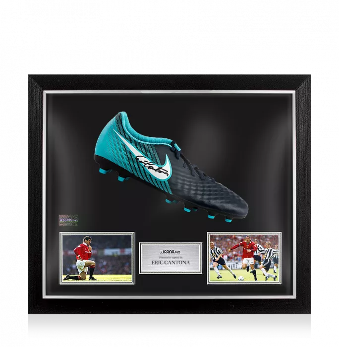 icons Eric Cantona Signed Blue and Black Nike Boot In Bubble Frame: Option 1
