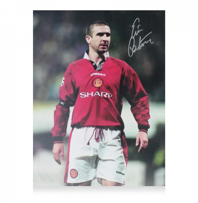 Icons Eric Cantona Signed Manchester United Photo In Black Wooden Frame: Collar Up Celebration