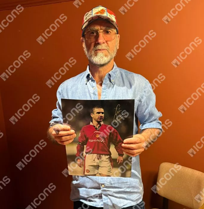 Icons Eric Cantona Signed Manchester United Photo In Black Wooden Frame: Collar Up Celebration