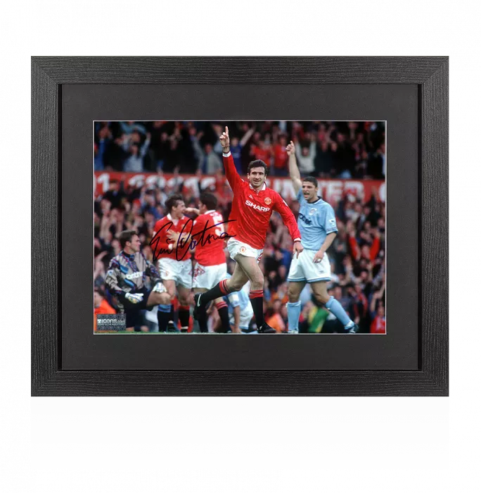 icons Eric Cantona Signed Manchester United Photo In Black Wooden Frame: Goal vs Manchester City
