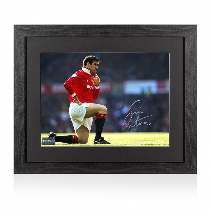 icons Eric Cantona Signed Manchester United Photo In Black Wooden Frame: The King of Manchester