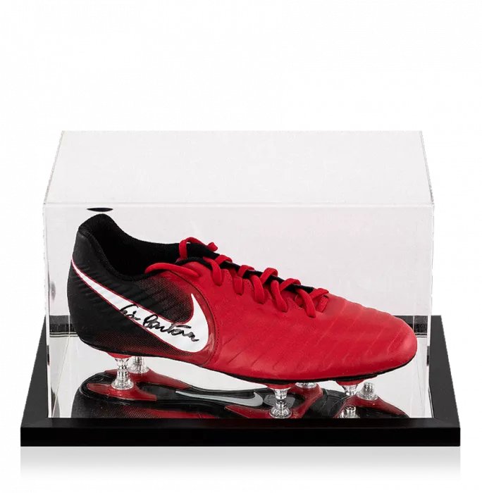 icons Eric Cantona Signed Red and Black Nike Boot In Acrylic Case