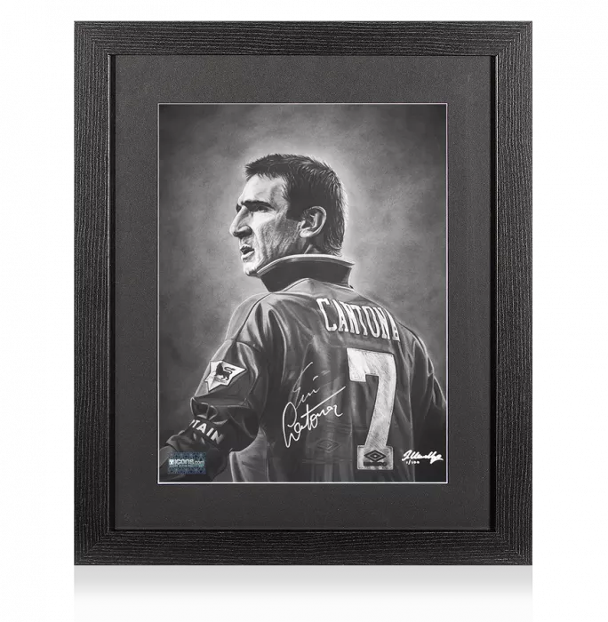 Icons Eric Cantona Signed Tribute Artwork In Black Wooden Frame