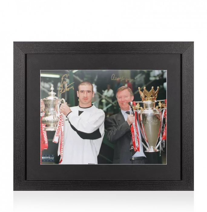 icons Eric Cantona & Sir Alex Ferguson Signed Manchester United Photo In Black Wooden Frame: 1996 Double