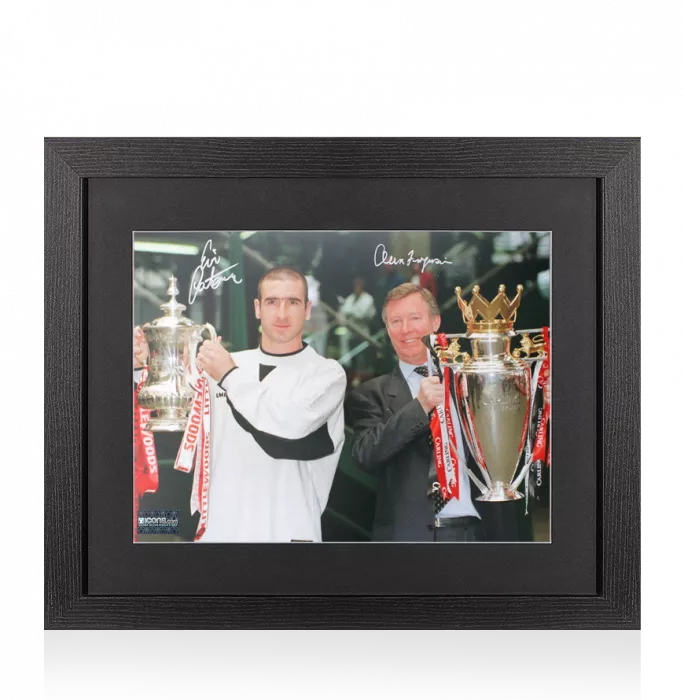 icons Eric Cantona & Sir Alex Ferguson Signed Manchester United Photo In Black Wooden Frame: 1996 Double