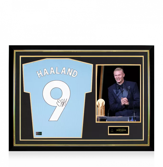 icons Erling Haaland Official Ballon d'Or™ Back Signed and Hero Framed Manchester City 2023-24 Home Shirt: 2023 Gerd Müller Trophy Winner