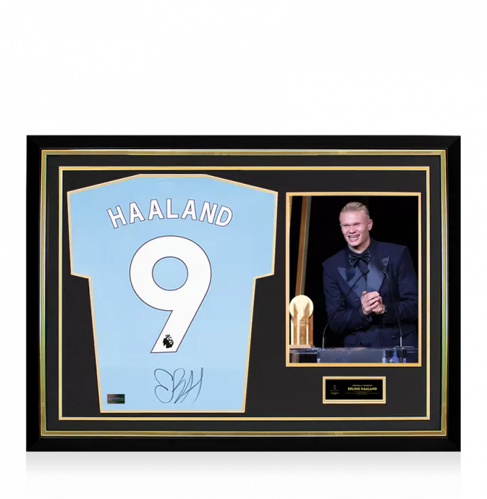 icons Erling Haaland Official Ballon d'Or™ Back Signed and Hero Framed Manchester City 2023-24 Home Shirt Signed Under Number: 2023 Gerd Müller Trophy Winner