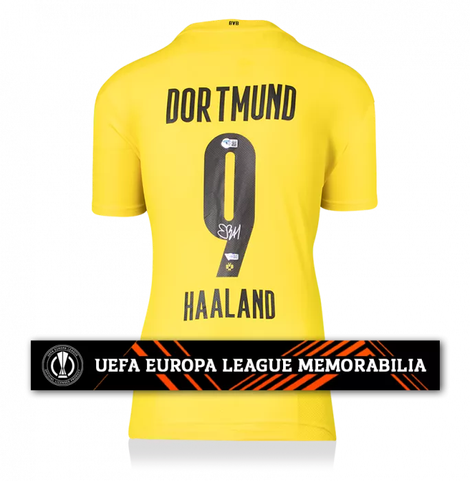 Icons Erling Haaland Official UEFA Europa League Back Signed Borussia Dortmund 2020-21 Home Shirt