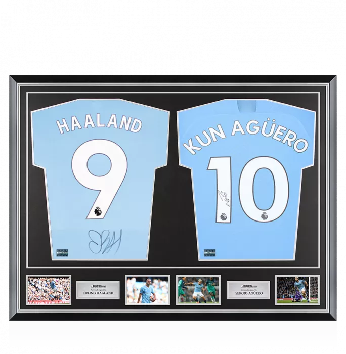 icons Erling Haaland & Sergio Aguero Signed Manchester City Home Shirts In Classic Dual Frame