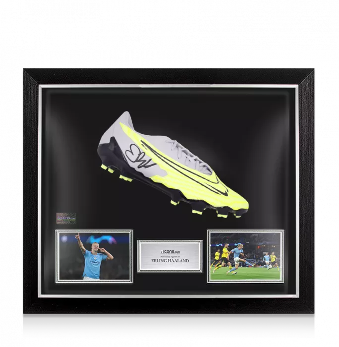 Icons Erling Haaland Signed Grey And Yellow Nike Phantom Boot In Bubble Frame: Option 1