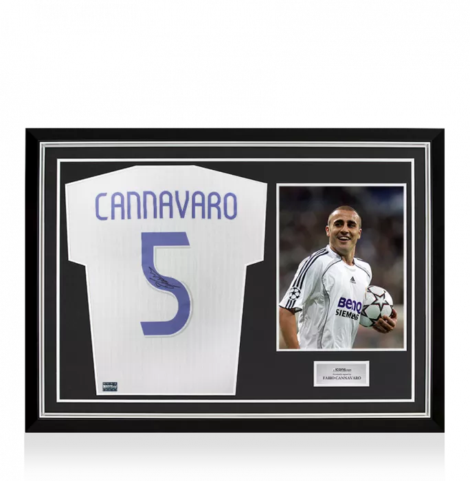 icons Fabio Cannavaro Back Signed Real Madrid Modern Home Shirt In Hero Frame: Option 1