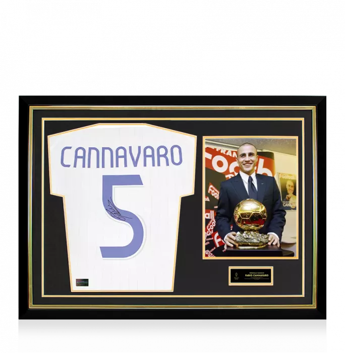 icons Fabio Cannavaro Official Ballon d'Or™ Back Signed and Hero Framed Real Madrid Teamgeist Shirt