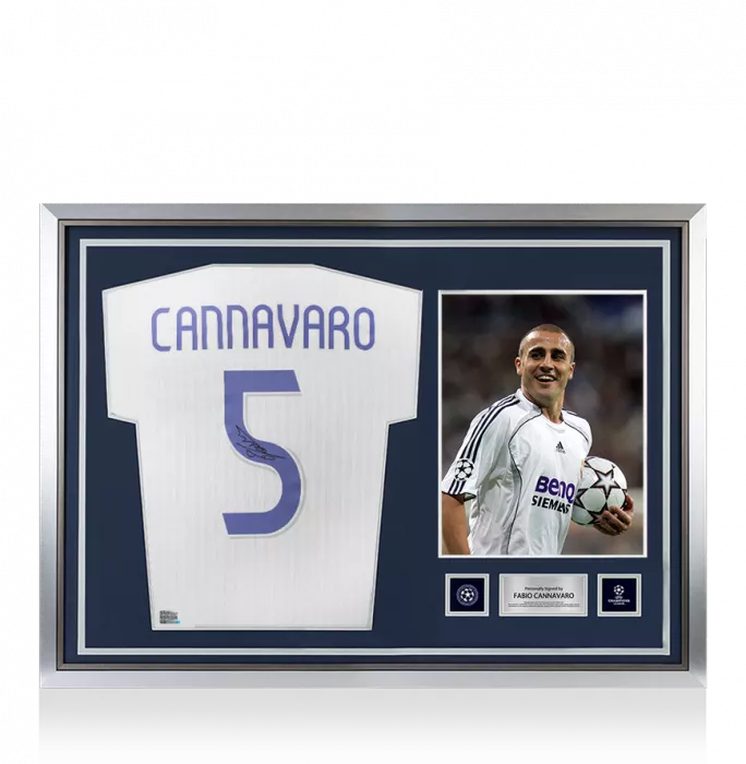 icons Fabio Cannavaro Official UEFA Champions League Back Signed and Hero Framed Real Madrid Modern Home Shirt
