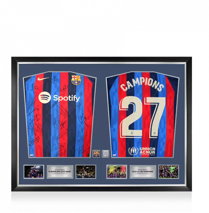 icons FC Barcelona Squad Signed & Unsigned 'Campions 27' Shirts In Official FC Barcelona Dual Frame