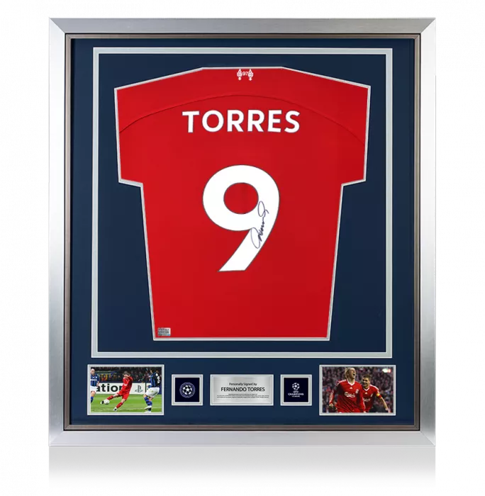 icons Fernando Torres Official UEFA Champions League Back Signed and Framed Liverpool 2023-24 Home Shirt