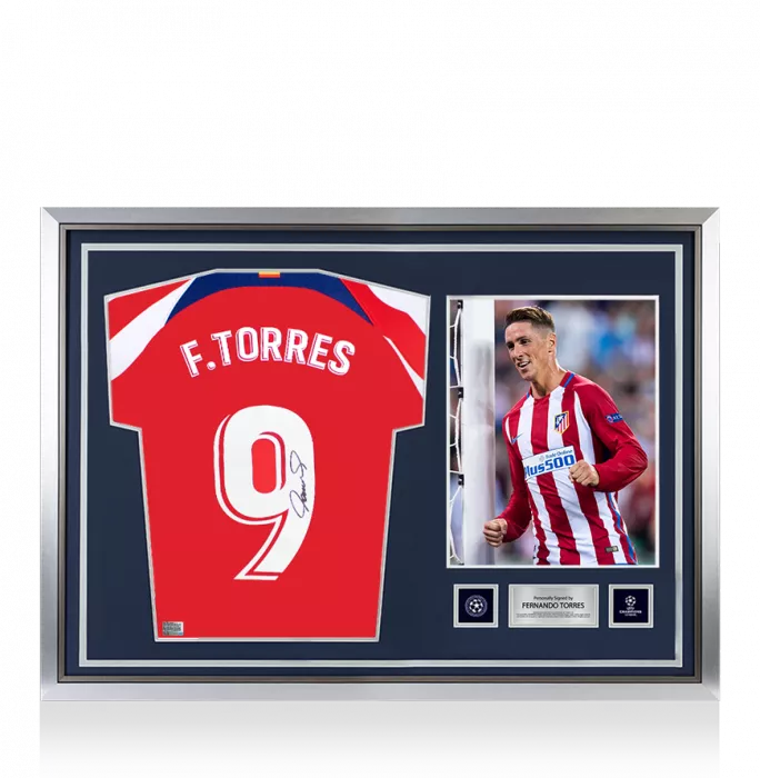icons Fernando Torres Official UEFA Champions League Back Signed and Hero Framed Modern Atletico Madrid Home Shirt