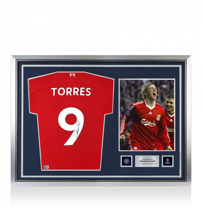 icons Fernando Torres Official UEFA Champions League Back Signed and Hero Framed Liverpool 2023-24 Home Shirt