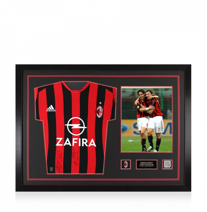 icons Filippo Inzaghi & Andriy Shevchenko Official AC Milan Dual Signed and Framed 2005-06 Home Shirt