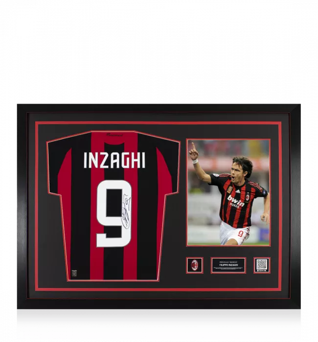 icons Filippo Inzaghi Official AC Milan Back Signed and Framed 2008-09 Home Shirt With Fan Style Numbers
